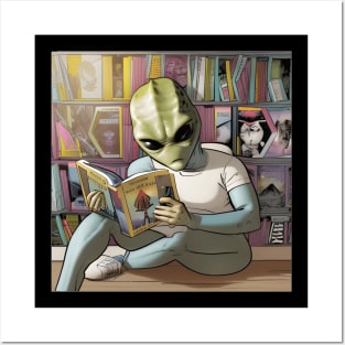 Believe in Yourself Funny an Alien reading a Book Posters and Art